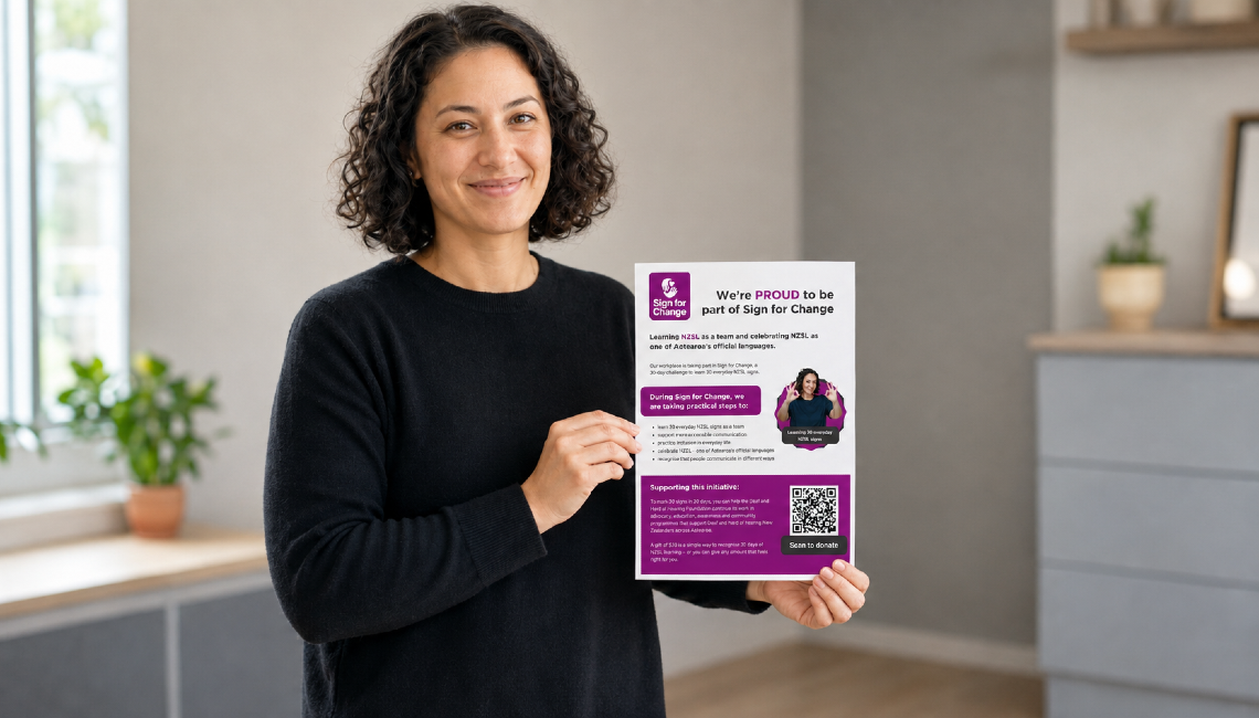 Image of a woman holding a SIgn for Change poster