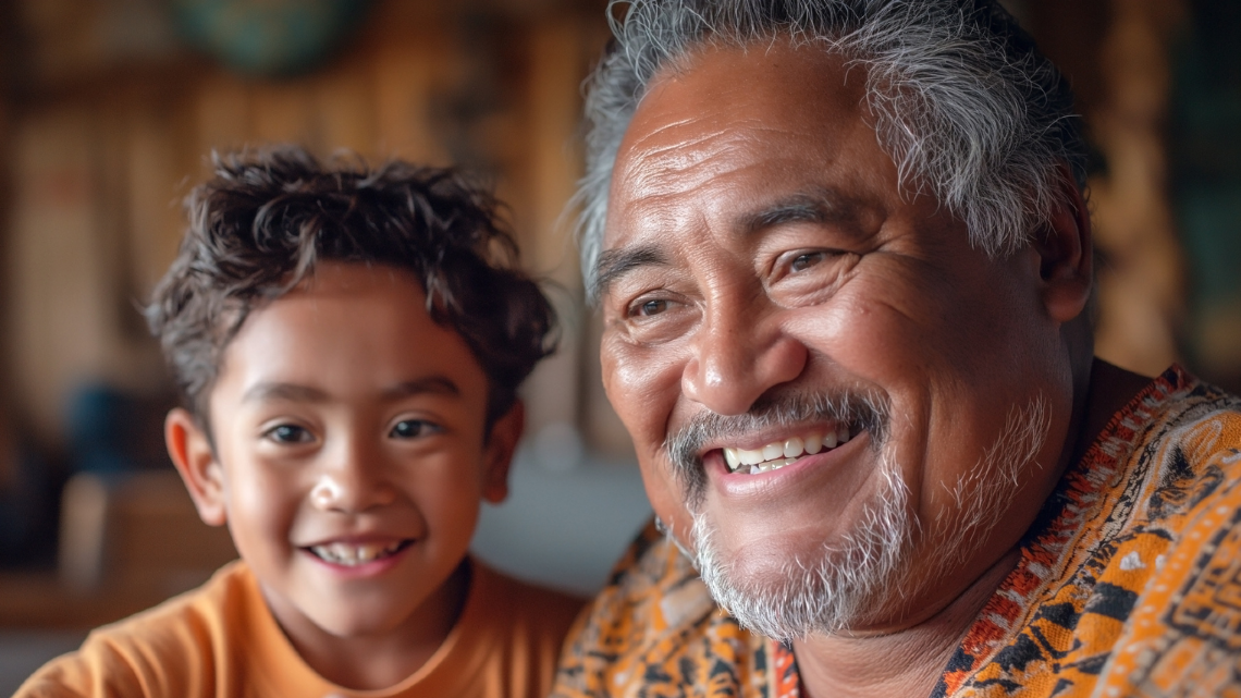 Smiling older man and young boy sit together, showing warmth, connection, and intergenerational support in the Pasifika community.