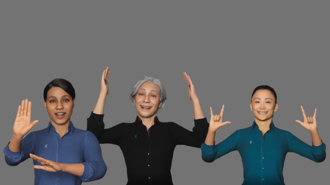 Three digital avatars demonstrate NZSL hand signs against a plain background, representing sign language learning tools.