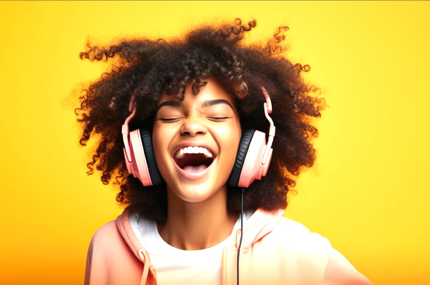 Child wearing headphones and singing with joy, representing listening, learning, and participation at school.