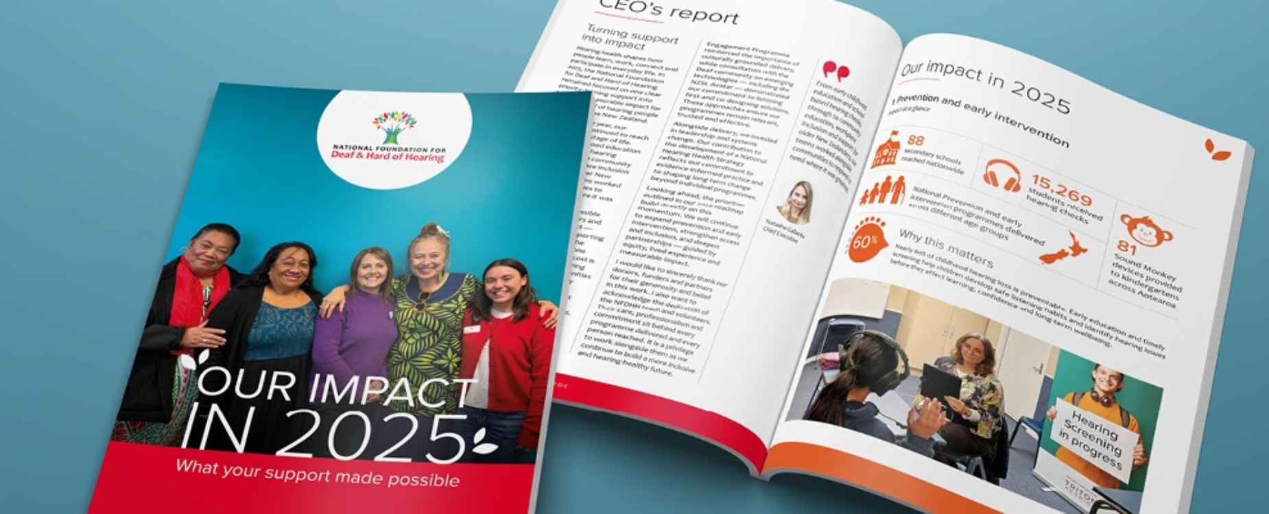 Deaf and Hard of Hearing Foundation annual report booklet opened beside its cover.