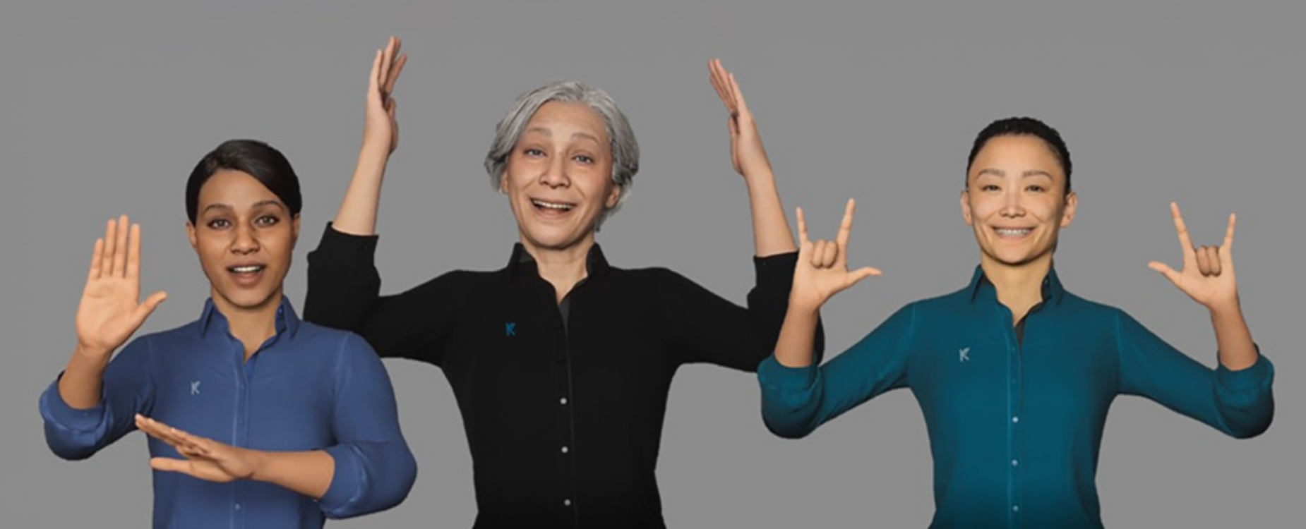 Three Female-presenting digital avatar in collared shirts, facing forward on a plain grey background, representing NZSL technology.