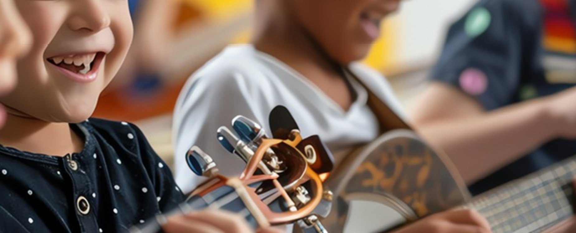 Children smiling and making music together in a classroom, representing inclusive learning and participation at school.